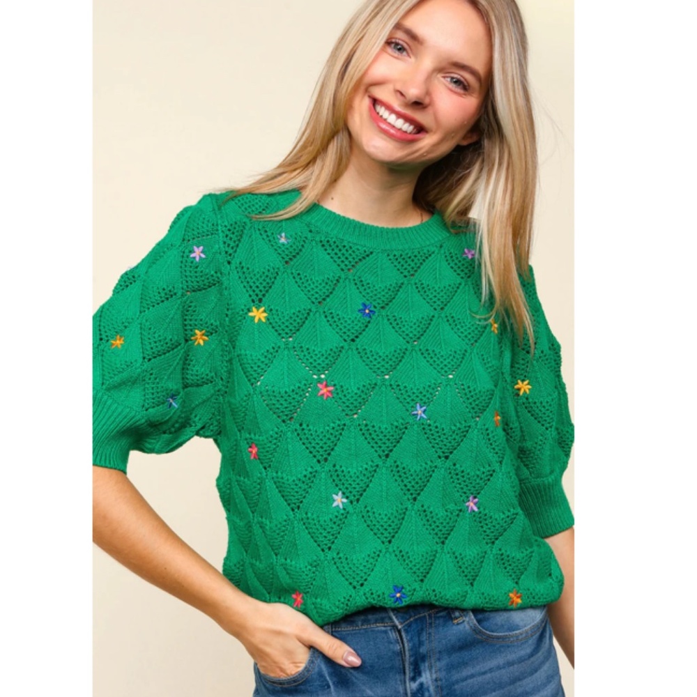 Haptics Green Embroidered Knit Scoop Neck Sweater